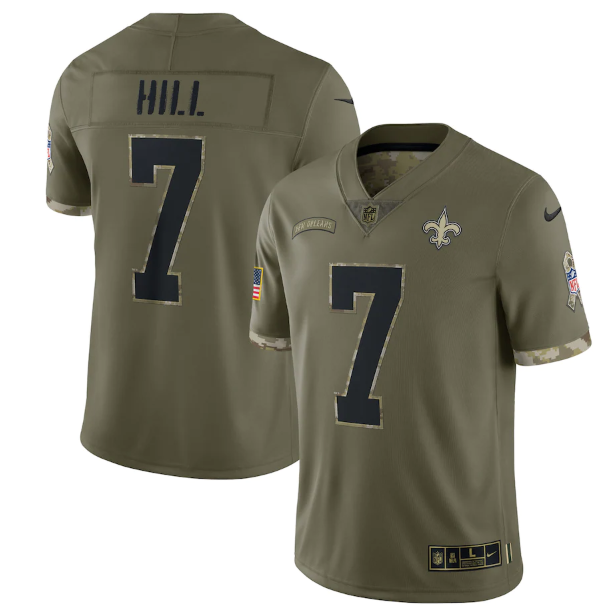 Men's New Orleans Saints #7 Taysom Hill Olive 2022 Salute To Service Limited Stitched Jersey